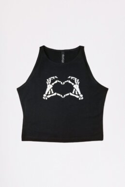 Black sleeveless crop top with creepy and cute heart-shaped skeleton hands