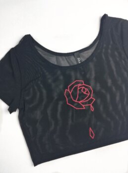 Black goth crop top made of a super soft mesh see through fabric with red rose