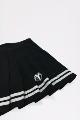 Black pleated skirt with white stripes and baphomet logo