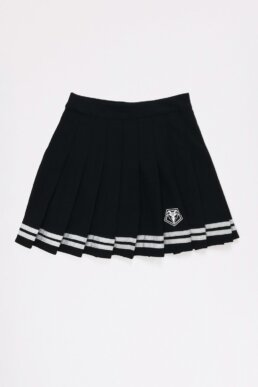 black tennis skirt with two white stripes and baphomet evil devil logo