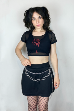 black mech crop top for women with red rose