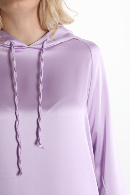 drawstring hoodie is cut from the most beautiful lilac satin, It has a relaxed fit in the body and long sleeves